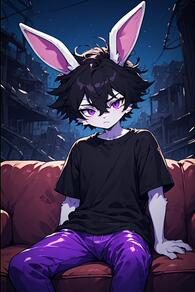 1boy animal_ears artist:furryfunparty black_hair black_shirt body_fur character:Sebastion couch furry furry_male looking_at_viewer male_focus night pants purple_eyes rabbit_boy rabbit_ears shirt short_hair sitting sky solo t-shirt // 512x768 // 101KB