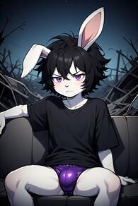 1boy animal_ears artist:furryfunparty black_hair black_shirt character:Sebastion furry furry_male male_focus no_pants purple_eyes rabbit_ears shirt short_hair sitting solo t-shirt underwear // 512x768 // 81KB