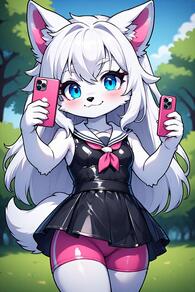 1girl animal_ears artist:furryfunparty bike_shorts blue_eyes blush cellphone character:yuki dress furry furry_female holding holding_phone loli long_hair outdoors petite phone smile solo tail white_fur white_hair white_sailor_collar young // 512x768 // 122KB