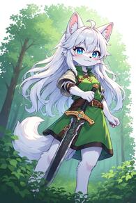 1girl :3 ahoge animal_ear_fluff animal_ears artist:furryfunparty belt blue_eyes blush character:yuki dress forest furry furry_female holding holding_sword holding_weapon long_hair looking_at_viewer nature outdoors smile solo standing sword tail tree tunic weapon white_fur white_hair // 512x768 // 173KB