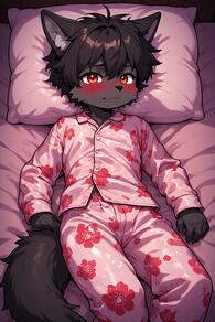 1boy animal_ears artist:furryfunparty black_hair blush character:ash floral_print furry furry_male looking_at_viewer lying male_focus on_back on_bed pajamas pillow pink_pajamas red_eyes shota solo tail wolf_boy young // 512x768 // 115KB