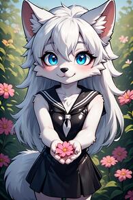1girl animal_ear_fluff animal_ears artist:furryfunparty blue_eyes blush character:yuki dress flower furry furry_female holding loli long_hair looking_at_viewer outdoors pink_flower sailor_collar sleeveless smile solo tail white_fur white_hair wolf_girl wolf_tail young // 512x768 // 125KB