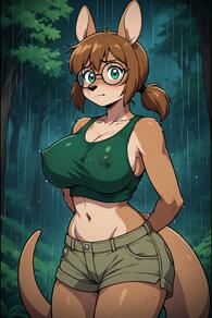 1girl animal_ears arms_behind_back artist:furryfunparty blush breasts brown_hair character:Kiki cleavage closed_mouth collarbone covered_nipples crop_top furry furry_female glasses green_eyes large_breasts looking_at_viewer midriff navel nipples outdoors rain round_eyewear shorts solo tail tank_top wet // 512x768 // 101KB