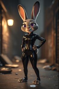 1girl animal_ears artist:furryfunparty black_bodysuit blurry blurry_background bodysuit character:judy_hopps full_body furry furry_female hands_on_own_hips latex latex_bodysuit looking_at_viewer purple_eyes rabbit_ears rabbit_girl rabbit_tail shiny_clothes skin_tight smile solo standing tail // 512x768 // 107KB