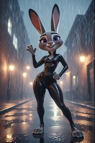 1girl animal_ears artist:furryfunparty black_bodysuit blurry bodysuit building character:judy_hopps full_body furry furry_female grey_fur hand_on_own_hip hand_up lamppost latex looking_at_viewer night outdoors puddle purple_eyes rabbit_ears rabbit_girl rabbit_tail rain shiny_clothes skin_tight smile solo standing teeth waving wet wide_hips // 512x768 // 144KB