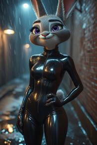 1girl animal_ears artist:furryfunparty black_bodysuit blurry blurry_background body_fur bodysuit breasts character:judy_hopps furry furry_female grey_fur hand_on_own_hip lamppost latex latex_bodysuit medium_breasts night outdoors purple_eyes rabbit_ears rabbit_girl rabbit_tail rain shiny_clothes skin_tight smile solo standing tail wet wet_clothes zipper // 512x768 // 128KB