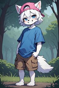 animal_ears artist:furryfunparty backwards_hat baseball_cap blue_eyes blue_shirt brown_shorts character:yuki forest full_body furry girl grin hands_in_pockets hat loli looking_at_viewer nature outdoors pink_headwear shirt short_hair short_sleeves shorts smile solo standing tail tree white_fur white_hair wolf_ears wolf_tail // 512x768 // 101KB