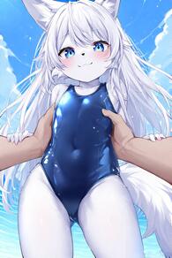 1boy 1girl animal_ears artist:furryfunparty blue_eyes blue_one-piece_swimsuit blush character:yuki covered_navel furry furry_female loli long_hair looking_at_viewer one-piece_swimsuit school_swimsuit sky smile solo_focus swimsuit tail white_hair // 512x768 // 138KB