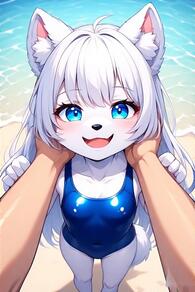 1boy 1girl animal_ears artist:furryfunparty beach blue_eyes blue_one-piece_swimsuit breasts character:yuki covered_navel furry furry_female hands_on_another's_face loli long_hair looking_at_viewer one-piece_swimsuit open_mouth pov pov_hands school_swimsuit small_breasts smile solo_focus swimsuit tail white_hair // 512x768 // 131KB