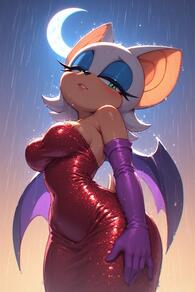 1girl animal_ears artist:furryfunparty bare_shoulders bat_girl bat_wings breasts character:rouge_the_bat crescent_moon dress elbow_gloves eyeshadow furry furry_female gloves green_eyes half-closed_eyes makeup moon night parted_lips rain red_dress shiny_clothes sky solo strapless wet wet_clothes white_hair wings // 512x768 // 124KB