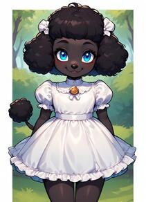 1girl animal_ears artist:furryfunparty black_hair blue_eyes bow character:Sofia dress furry furry_female hair_bow loli looking_at_viewer outdoors puffy_short_sleeves puffy_sleeves short_sleeves smile solo tail white_dress young // 512x708 // 100KB