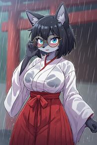 1girl animal_ear_fluff animal_ears artist:furryfunparty black_hair blue_eyes blush body_fur bra breasts cat_ears character:Gabby furry furry_female glasses hakama hakama_skirt japanese_clothes large_breasts long_sleeves looking_at_viewer miko outdoors rain red_hakama round_eyewear see-through short_hair skirt solo torii wet wet_clothes wide_sleeves // 512x768 // 152KB