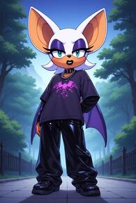 1girl animal_ears animal_nose artist:furryfunparty bat_ears bat_girl bat_wings black_footwear black_lips black_pants blue_eyeshadow chain chain_necklace character:rouge_the_bat collar eyeshadow full_body furry furry_female goth_fashion jewelry lipstick looking_at_viewer makeup necklace outdoors pants shirt shoes sky solo standing tree wings // 512x768 // 129KB