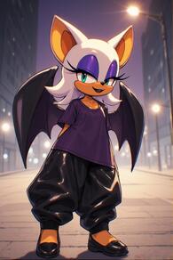 1girl animal_ears animal_nose artist:furryfunparty bat_ears bat_girl bat_wings black_footwear black_pants character:rouge_the_bat eyeshadow full_body furry furry_female lamppost looking_at_viewer makeup night outdoors pants purple_shirt shirt shoes smile solo standing white_hair wings // 512x768 // 118KB