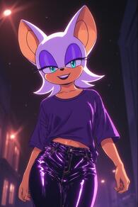 1girl animal_ears animal_nose artist:furryfunparty bat_ears black_pants character:rouge_the_bat eyeshadow furry furry_female looking_at_viewer makeup midriff_peek navel night open_mouth outdoors pants purple_shirt shirt smile solo // 512x768 // 112KB