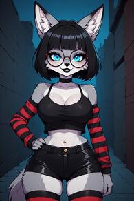 1girl animal_ears artist:furryfunparty black_choker black_hair black_lips black_shorts blue_eyes breasts character:Gabby choker cleavage crop_top detached_sleeves furry furry_female glasses hand_on_own_hip large_breasts looking_at_viewer makeup midriff navel red_thighhighs round_eyewear short_hair short_shorts shorts smile solo striped_clothes striped_thighhighs tail thighhighs wolf_ears wolf_girl // 512x768 // 84KB