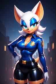 1girl animal_ears artist:furryfunparty belt black_choker blue_shirt breasts character:rouge_the_bat choker cleavage eyeshadow furry furry_female gloves hand_on_own_hip large_breasts looking_at_viewer makeup night police police_badge police_uniform policewoman shirt sky smile solo tail thighhighs uniform white_gloves // 512x768 // 114KB