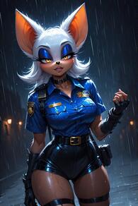 1girl animal_ears artist:furryfunparty bat_ears bat_girl belt black_belt black_gloves blue_shirt breasts character:rouge_the_bat choker clenched_hand collarbone collared_shirt eyeshadow fingerless_gloves furry furry_female gloves large_breasts looking_at_viewer makeup night outdoors police police_badge police_uniform policewoman rain shirt short_sleeves shorts skindentation solo teeth thigh_strap uniform wet wet_clothes white_hair yellow_eyes // 512x768 // 130KB