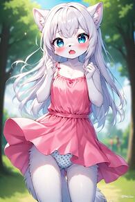 1girl animal_ear_fluff animal_ears artist:furryfunparty ass_visible_through_thighs blue_eyes blush body_fur character:yuki dress furry furry_female loli long_hair looking_at_viewer open_mouth outdoors panties pantyshot pink_dress polka_dot polka_dot_panties sleeveless sleeveless_dress solo tail underwear white_fur white_hair white_panties wind wind_lift young // 512x768 // 144KB
