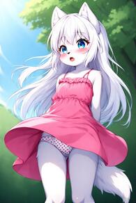 1girl animal_ear_fluff animal_ears arms_behind_back artist:furryfunparty blue_eyes blush character:yuki dress furry furry_female loli long_hair open_mouth outdoors panties pantyshot pink_dress polka_dot polka_dot_panties sleeveless sleeveless_dress solo sundress tail underwear white_hair white_panties wind wind_lift young // 512x768 // 125KB