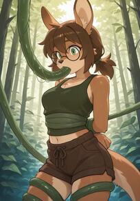1girl animal_ears arms_behind_back artist:furryfunparty black-framed_eyewear bound breasts brown_hair character:Kiki day forest furry furry_female glasses green_eyes medium_breasts nature navel oral outdoors plant round_eyewear short_shorts shorts solo tail tank_top tentacles // 768x1098 // 65KB