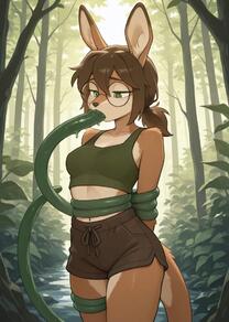1girl animal_ears arms_behind_back artist:furryfunparty breasts brown_hair character:Kiki cowboy_shot crop_top dolphin_shorts forest furry furry_female glasses green_eyes hair_between_eyes medium_breasts midriff nature navel oral outdoors plant ponytail round_eyewear short_shorts shorts solo tail tank_top tentacles // 768x1079 // 64KB