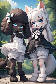2girls ahoge animal_ear_fluff animal_ears artist:furryfunparty black_dress bloomers blue_eyes blush bow character:Sofia character:yuki dress furry furry_female loli long_hair looking_at_viewer multiple_girls open_mouth outdoors sky sleeveless sleeveless_dress smile standing tail tongue tongue_out tree underwear white_bloomers white_bow white_dress white_hair young // 512x768 // 117KB