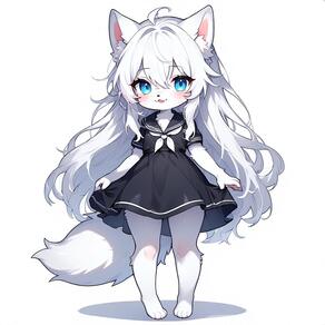 1girl ahoge animal_ear_fluff animal_ears artist:furryfunparty barefoot black_dress blue_eyes dress full_body furry furry_female long_hair sailor_collar sailor_dress short_sleeves simple_background smile solo tail white_background white_hair // 768x768 // 103KB
