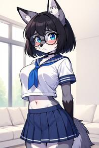 1girl animal_ears artist:furryfunparty black-framed_eyewear black_hair blue_eyes blue_skirt blush breasts character:Gabby choker couch crop_top furry furry_female glasses grey_fur indoors looking_at_viewer midriff navel pleated_skirt school_uniform serafuku skirt solo tail // 512x768 // 117KB