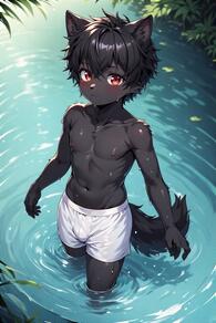 1boy animal_ears artist:furryfunparty black_hair character:ash furry furry_male looking_at_viewer male_focus navel nipples red_eyes solo tail topless_male water wet // 512x768 // 132KB