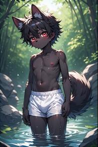 1boy animal_ears artist:furryfunparty black_hair character:ash forest furry furry_male looking_at_viewer male_focus nature navel nipples outdoors red_eyes short_hair solo tail topless_male wading water wet // 512x768 // 148KB