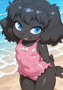 1girl animal_ears animal_nose artist:furryfunparty beach black_hair blue_eyes casual_one-piece_swimsuit character:Sofia covered_navel furry furry_female loli looking_at_viewer one-piece_swimsuit open_mouth outdoors pink_one-piece_swimsuit smile solo swimsuit tail water young // 768x1100 // 43KB