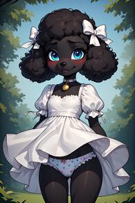 1girl artist:furryfunparty bell black_hair black_skin blue_eyes blush bow bow_panties character:Sofia choker dress furry furry_female hair_bow loli looking_at_viewer outdoors panties puffy_short_sleeves puffy_sleeves short_sleeves small_breasts solo underwear white_bow white_dress white_panties wind wind_lift // 512x768 // 99KB