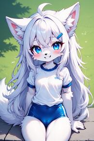 1girl ahoge animal_ear_fluff animal_ears artist:furryfunparty blue_buruma blue_eyes blush breasts buruma cameltoe character:yuki furry furry_female grin gym_shirt gym_uniform hair_ornament hairclip loli long_hair looking_at_viewer outdoors shirt short_sleeves sitting small_breasts smile solo tail thighs white_hair white_shirt // 512x768 // 147KB