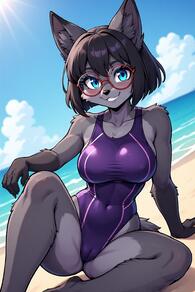 1girl animal_ears artist:furryfunparty beach black_hair blue_eyes breasts cameltoe character:Gabby cloud competition_swimsuit furry furry_female glasses grey_fur large_breasts looking_at_viewer ocean one-piece_swimsuit outdoors purple_one-piece_swimsuit short_hair sky smile solo swimsuit tail // 512x768 // 125KB