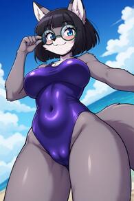 1girl animal_ears artist:furryfunparty beach black_hair blue_eyes breasts cameltoe character:Gabby cloud covered_navel furry furry_female glasses large_breasts one-piece_swimsuit outdoors purple_one-piece_swimsuit short_hair sky solo swimsuit tail // 512x768 // 99KB