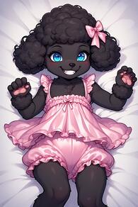 1girl artist:furryfunparty black_fur black_hair black_skin bloomers blue_eyes bow character:Sofia flat_chest furry furry_female grin hair_bow loli looking_at_viewer lying on_back pajamas satin smile solo underwear // 512x768 // 101KB