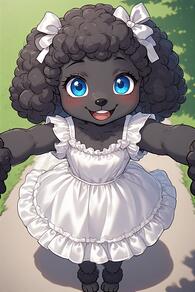 1girl artist:furryfunparty black_fur black_hair blue_eyes blush bow character:Sofia dress furry furry_female hair_bow looking_at_viewer open_mouth smile solo white_bow white_dress // 512x768 // 101KB
