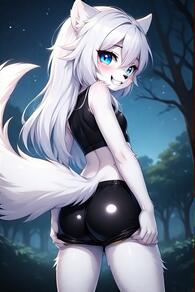 1girl animal_ears artist:furryfunparty ass black_shorts blue_eyes blush breasts character:yuki from_behind furry furry_female grin long_hair looking_at_viewer looking_back night outdoors shorts sky smile solo tail tree white_hair // 512x768 // 113KB