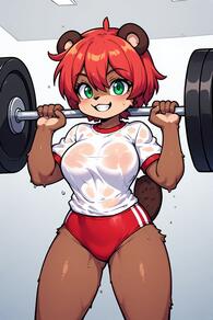 1girl animal_ears artist:furryfunparty breasts buruma character:Becky_Redwood furry furry_female green_eyes grin gym_uniform large_breasts looking_at_viewer red_buruma red_hair shirt short_hair smile solo sweat tail wet wet_clothes wet_shirt white_shirt // 512x768 // 87KB