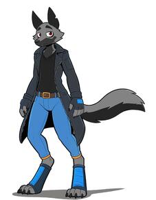 artist:arturo_wolff_(artist) black_countershading black_fur black_jacket black_shirt blue_jeans blue_leg_warmers brown_belt buckle character:arturo_wolff claw_nail digitigrade eye_bags fingerless_gloves front_view full-length_portrait grey_fur hindpaws looking_at_viewer notched_ear red_eyes simple_background slim standing thick_eyebrows unamused // 1593x2048 // 164KB