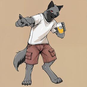 4_toes 5_fingers artist:arturo_wolff_(artist) beer black_countershading black_fur character:arturo_wolff claw_nail digitigrade eye_bags front_view full-length_portrait grey_fur happy hindpaws holding_beverage looking_at_viewer notched_ear pointing_at_viewer red_eyes red_shorts simple_background standing winking_at_viewer // 2048x2048 // 243KB