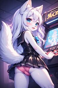 1girl animal_ear_fluff animal_ears anthro artist:furryfunparty ass black_shirt black_skirt blue_eyes character:yuki from_behind furry furry_female loli long_hair looking_back monitor open_mouth panties pink_panties school_uniform shirt skirt sleeveless smile solo tail thighs underwear white_hair wolf // 512x768 // 148KB