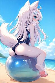 1girl ahoge animal_ears animal_nose artist:furryfunparty ass ball barefoot beach beachball blue_eyes blue_one-piece_swimsuit blush character:yuki day dog_ears dog_girl dog_tail feet from_behind furry furry_female grin hair_ornament hairclip loli long_hair looking_at_viewer looking_back one-piece_swimsuit outdoors pawpads school_swimsuit sitting sky smile solo swimsuit tail white_hair wolf // 512x768 // 113KB