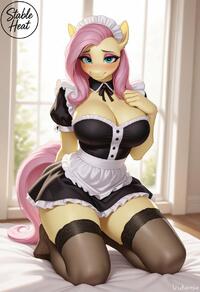 anthro artist:stableheat big_breasts character:fluttershy looking_at_viewer maid on_knees // 832x1216 // 91KB