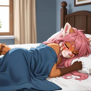 artist:azziai bed blanket brown_fur character:ellie_(azziai) cream_fur orange_fur pink_hair red_panda sleeping // 3475x3475 // 721KB