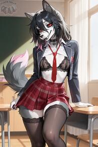 artist:animefurever black_stockings character:nyx classroom clothing jacket lingerie multicolored_hair red_eyes red_skirt school_uniform skirt stockings tie // 1152x1728 // 214KB