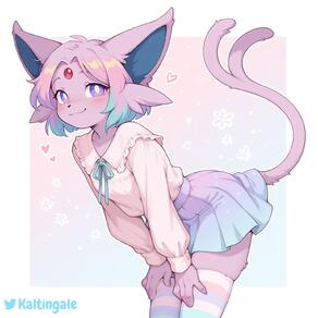 <3 anthro artist:kaltingale blouse blue_hair blush character:espeon clothed clothing femboy from_side fur furry gradient_hair pink_body pink_fur purple_eyes short_hair simple_background skirt smile tail thighhighs tuft // 1536x1536 // 163KB