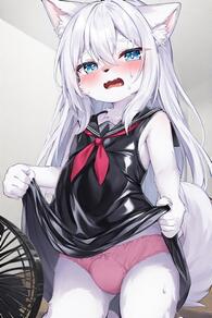 1boy 1girl animal_ear_fluff animal_ears artist:furryfunparty black_dress blue_eyes blush character:yuki clothes_lift dress dress_lift electric_fan female furry furry_female furry_male lifted_by_self loli long_hair open_mouth otoko_no_ko panties pink_panties sailor_dress sleeveless solo sweat tail underwear white_fur white_hair wolf // 512x768 // 137KB