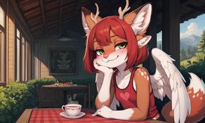 4ears antlers artist:aecii_3d bushes character:rubi(aecii_3d) chimera cup daytime deer_spots feathers fox_tail green_eyes pink_nose plate red_hair restaurant resting_head_on_hand smiling table_cloth tail:fox tanktop tuscan wings wings:feathered // 1280x768 // 140KB